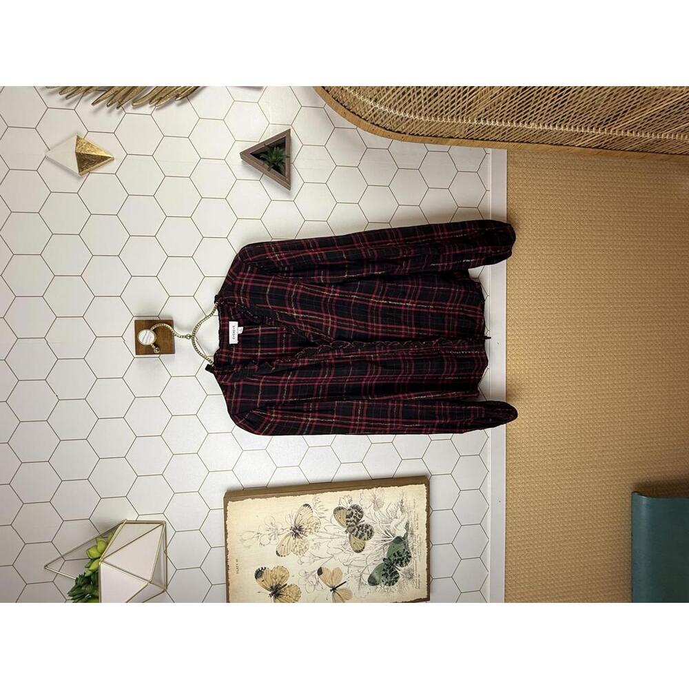 Evereve Red and Black Plaid Charlotte Ruffle Button Down Blouse - Size - Small